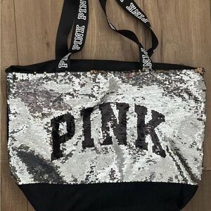 Pink Victoria’s Secret zip silver sequin logo tote bag